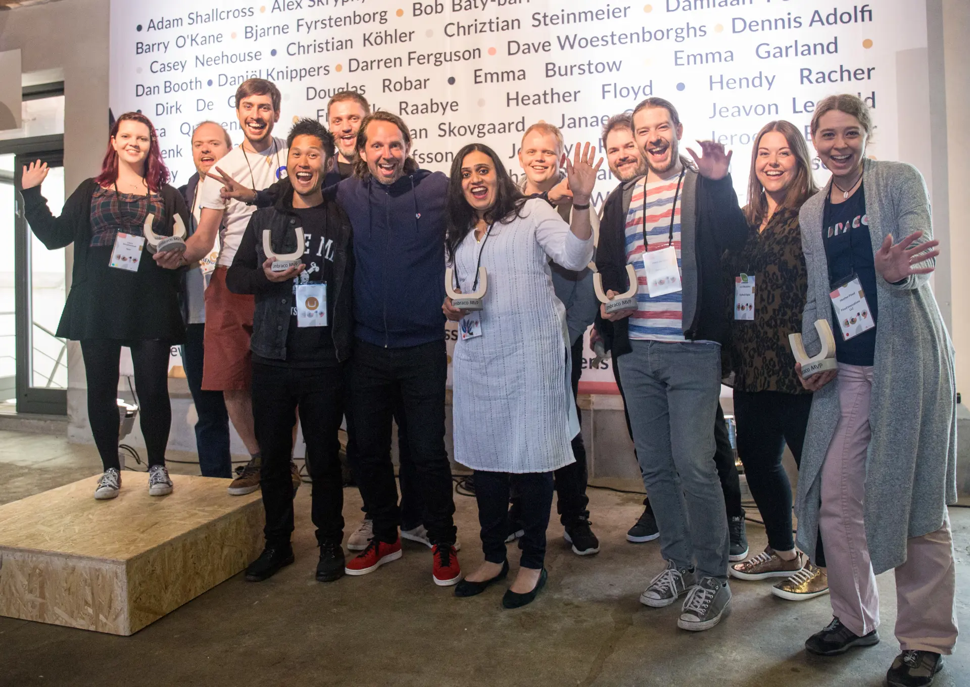 MVPs CodeGarden 2019 Umbraco Founder Niels Hartvig stands together with 11 happy new MVPs at Codegarden 2019. Behind them is a wall with all MVPs names.